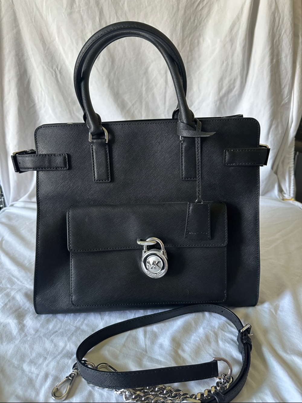 Michael Kors Black Leather Top-Handle Satchel with Silver Hardware